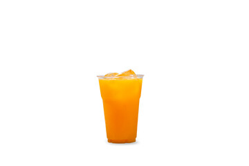 Orange juice in a plastic cup put ice on white background with clipping path.