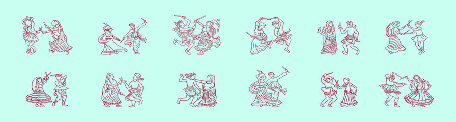 set of india garba dance cartoon icon design template with various models. vector illustration isolated on blue background