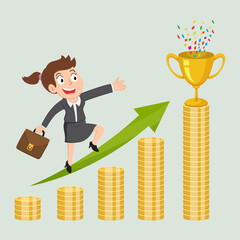 Businessman climbing on stair to trophy cup