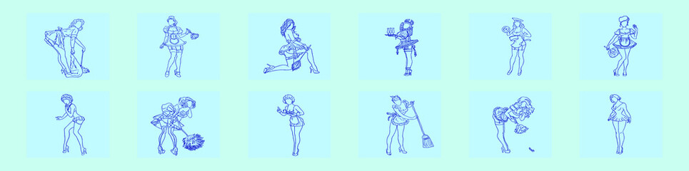 Fototapeta na wymiar set of french maid cartoon icon design template with various models. vector illustration isolated on blue background
