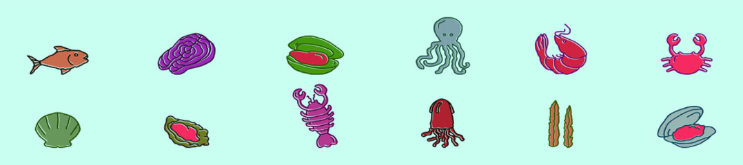 set of sea foods cartoon icon design template with various models. vector illustration isolated on blue background