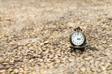 a vintage pocket watch on stone path