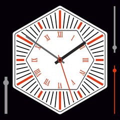Hexagonal watch dial on white background. Hour, minute and second hands. Roman numerals. Vector illustration