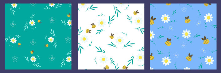 Set of seamless patterns. Endless ornament of chamomile or daisies. Bees collect honey. For textiles, children's clothing, wallpaper, wrapping paper, napkins, disposable cups. Vector. Flat style.