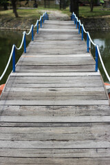 wooden bridge on a green lake