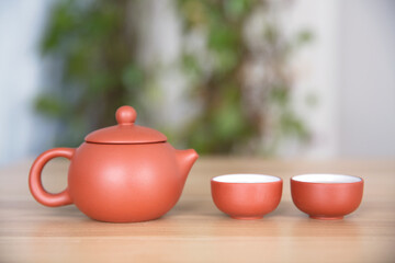 Zisha Xishi milk pot and two tea bowls