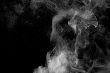 white smoke isolated, abstract powder, water spray on black background.
