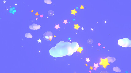 Obraz na płótnie Canvas Cartoon clouds, stars, and bubbles in the purple sky. 3d rendering picture.