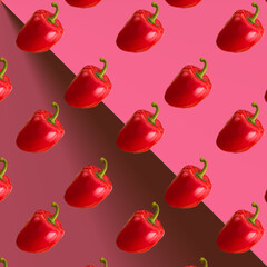 Bulgarian red pepper on pink red gradient background, pattern, wallpaper, top view, flat layout, isolated, template