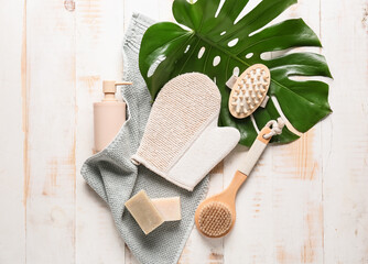 Composition with bath accessories on wooden background