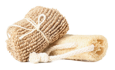Different loofahs isolated on white background