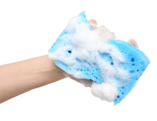 Female hand with bath sponge isolated on white background