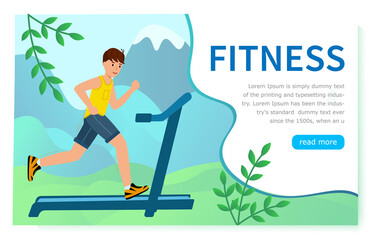 Fototapeta premium Fitness. young Man running on a treadmill against a forest background. landing page, cartoon character. Vector illustration in modern flat style.
