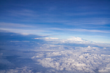 Fototapeta na wymiar Blue sky and cloud pattern on high sky from window of airplane