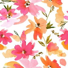 Seamless pattern with watercolor pink and orange flowers on a white