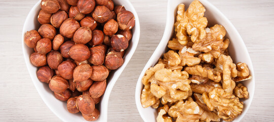 Hazelnuts and walnuts containing vitamin, minerals and acids, nutritious eating concept