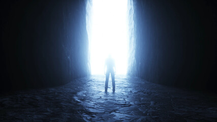 a lonely man stands in front of a light portal. 3d rendering.