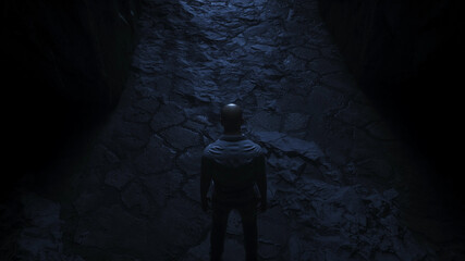 a lonely man stands in front of a light portal. 3d rendering.