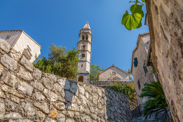 View from the streets of Perast to the Church of the Holy Mother Rosary