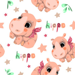 Seamless pattern in cartoon style, children's theme with fun and attractive hippo. Vector illustration