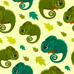 Seamless pattern in cartoon style, children's theme with fun and attractive chameleon. Vector illustration.