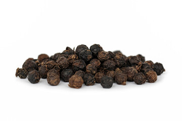 Black peppercorns isolated on white background.