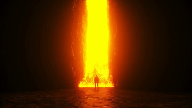 Sinner. A lonely sinfull man stands in front of a hell gates. Hell fire. Religious concept. Realistic 4k animation.