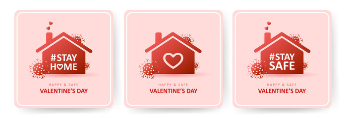 Happy and safe Valentines day 2021. Coronavirus and Holidays. Set of social media sticker of self-isolation. Distancing measures to prevent virus spread. Vector icon covid19 for apps, banners or cards