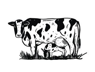 Cow with calf. Hand drawn engraving style. Black color vector illustration. Isolated on white background.