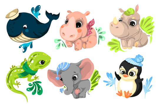 Set of characters in cartoon style, fun and attractive animals. Vector illustration
