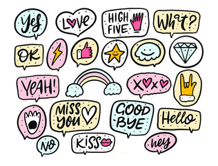 A vibrant collection of colorful icons and stickers featuring phrases and words for chatting and networking, adding flair and expressiveness to online conversations.