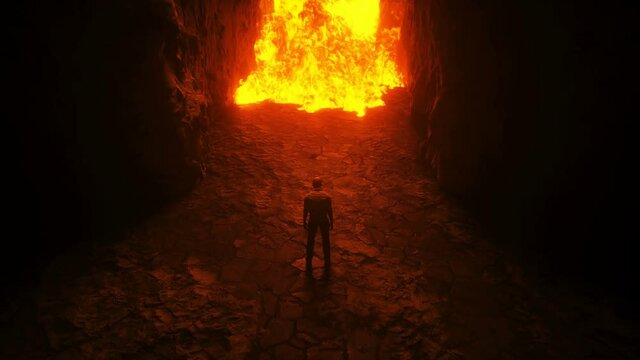 Sinner. A lonely sinfull man stands in front of a hell gates. Hell fire. Religious concept. Realistic 4k animation.