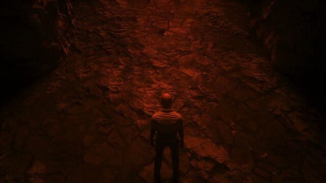 Sinner. A lonely sinfull man stands in front of a hell gates. Hell fire. Religious concept. Realistic 4k animation.