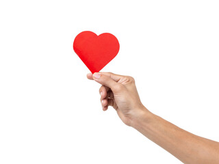 man hand holding red heart isolated on a white background with clipping path