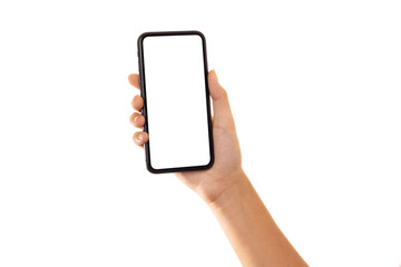 Hand woman holding smartphone with blank screen isolated on white background with clipping path