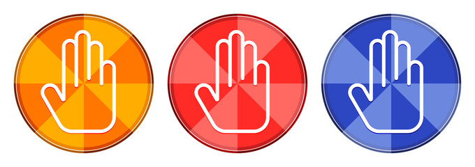 Stop hand icon burst light round button set illustration