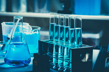 scientific Chemistry glassware for research in laboratory, medicine microbiology or biotechnology technology equipment, coronavirus cure covid-19 vaccine development