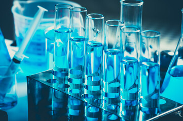 scientific Chemistry glassware for research in laboratory, medicine microbiology or biotechnology technology equipment, coronavirus cure covid-19 vaccine development