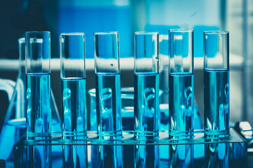 scientific Chemistry glassware for research in laboratory, medicine microbiology or biotechnology technology equipment, coronavirus cure covid-19 vaccine development