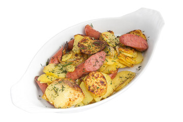 Baked potatoes with sausages. Restaurant serving concept. Isolated.
