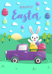 Happy easter day in paper art style with rabbit and easter eggs. greeting card, posters and wallpaper. Vector illustration.