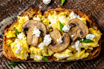 wholewheat toast with scrambled eggs with mushrooms and cottage cheese. healthy breakfast or brunch. banner, menu recipe