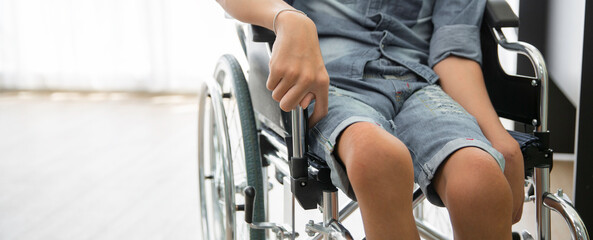 Disability patient sitting on wheelchair in hospital, Banner with copy space - obrazy, fototapety, plakaty