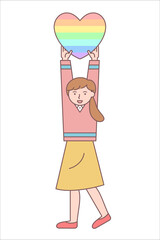 Woman holding a rainbow-coloured heart / Woman who appreciates people who are fighting the Covid-19