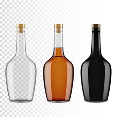 Set of Bottles of Cognac, Brandy, whiskey, isolated.