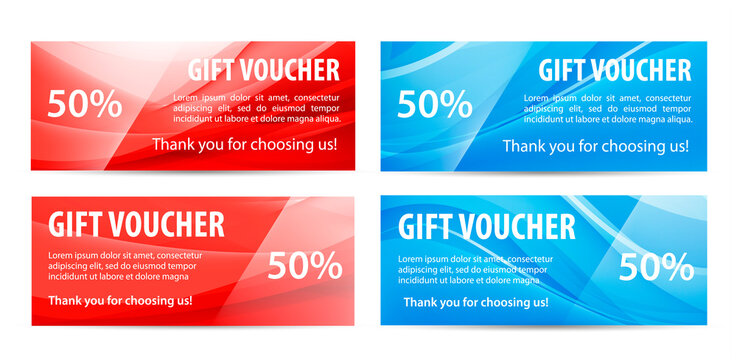 Vector set of gift vouchers with wavy shiny blue, red background. Abstract flow banners
