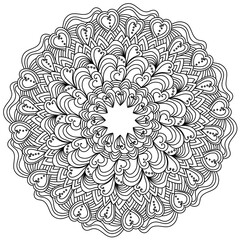 Ornate mandala with hearts for Valentine's day, Antistress coloring page in round frame shape with tangles