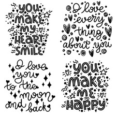 Set of lettering about love. Valentines Day. Black and white vector lettering. Vector illustration