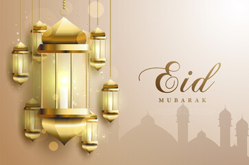 Realistic eid mubarak background with candle in the lantern on the left.