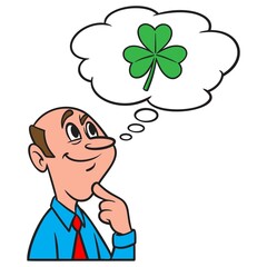 Thinking about a Three Leaf Clover - A cartoon illustration of a man thinking about a Three Leaf Clover.